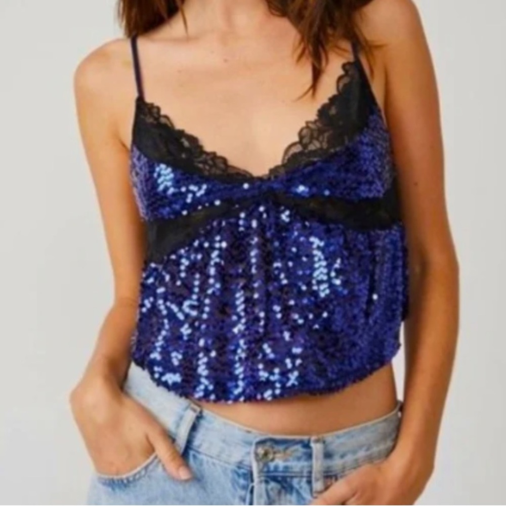 Free People Right Rhythm Sequin Cami in Midnight blue cropped lace trim